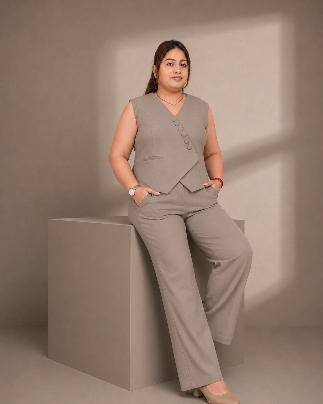 Sage Power Co-ord Set – Plus Size Sleeveless Blazer & Wide-Leg Pants